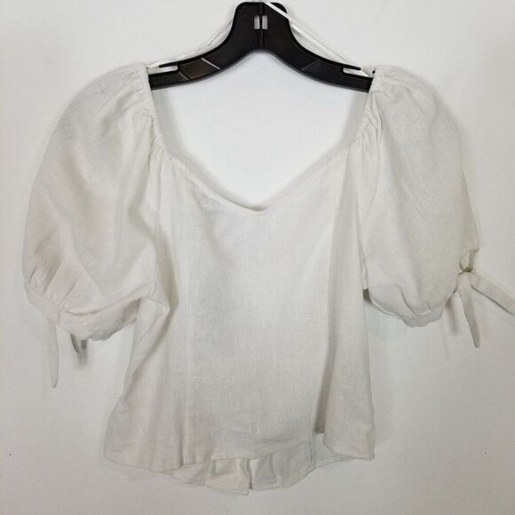 Express Women Button Up Corset Top Sz S White Linen Blend Puff Sleeve Y2K - Picture 2 of 5